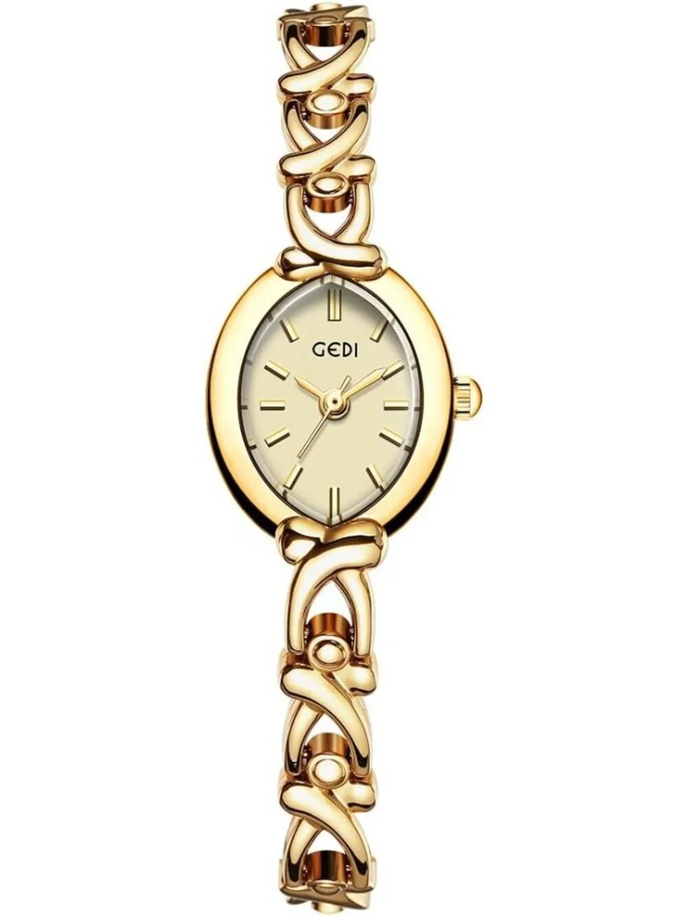 Womens Gold Analog Quartz Alloy Steel Oval Roman Numeral Number Bracelet Watch
